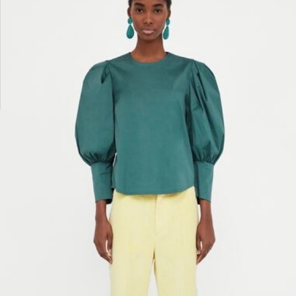 Zara Green Puff Sleeve Button Back Blouse Long Sleeve Cotton Poplin Size XS